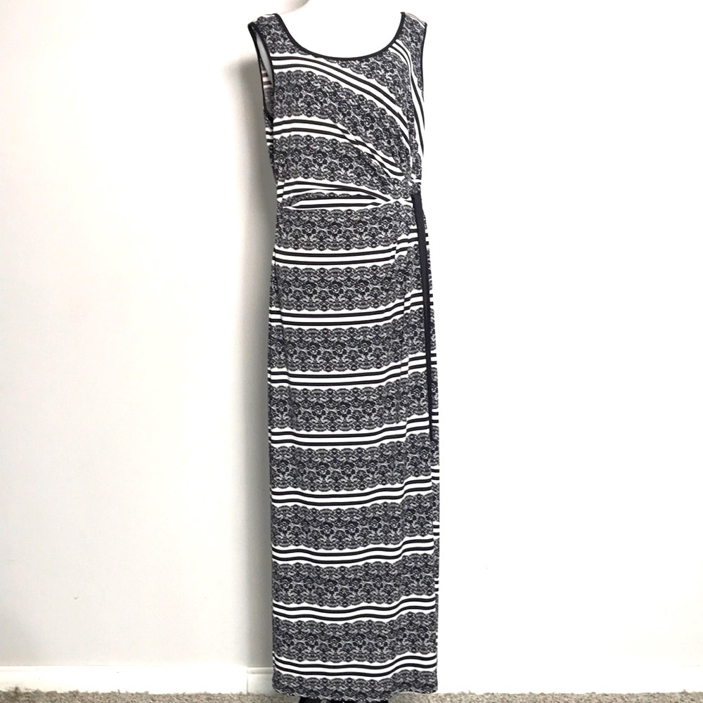 London Times Women’s Black & White Print Stretch Sheath Midi Dress Size 12